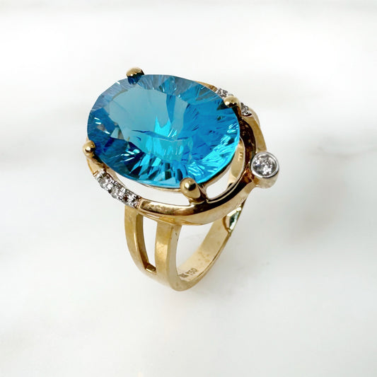 18K Yellow Gold Oval Blue Topaz Ring with Diamonds