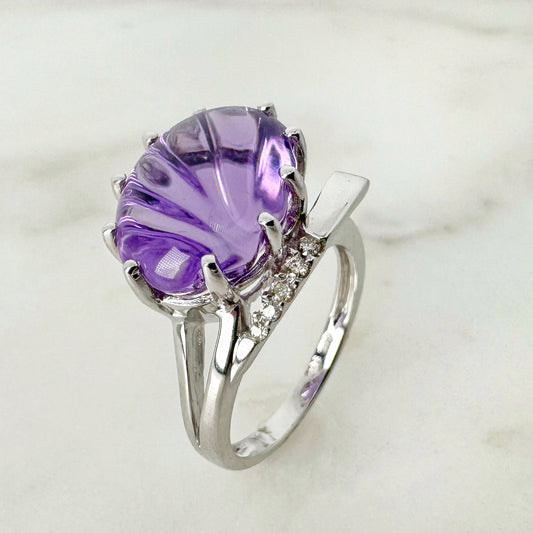 14K White Gold Oval Amethyst Ring with Diamonds