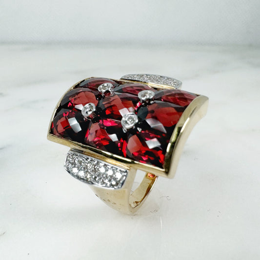 14K Yellow Gold Freeform Garnet Ring with Diamonds