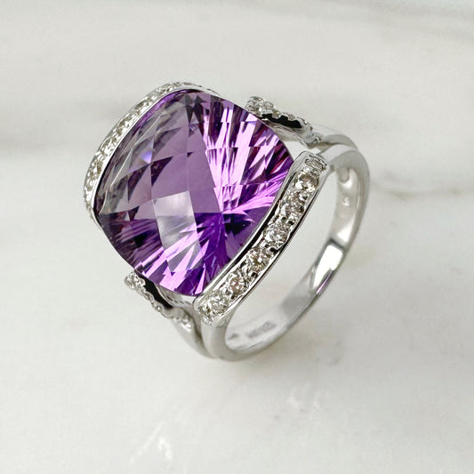 14K White Gold Cushion Amethyst Ring with Diamonds