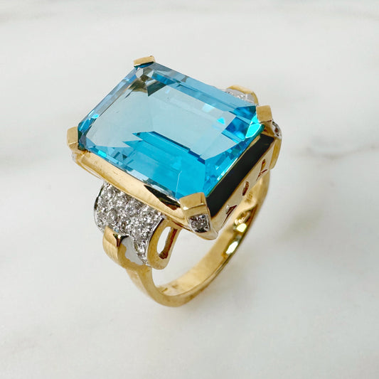 18K Yellow Gold Octagon Blue Topaz Ring with Diamonds