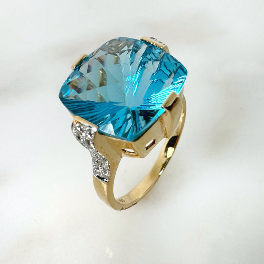 18K Yellow Gold Cushion Blue Topaz Ring with Diamonds