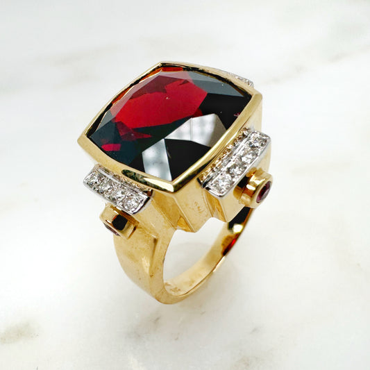 14K Yellow Gold Cushion Garnet Ring with Diamonds