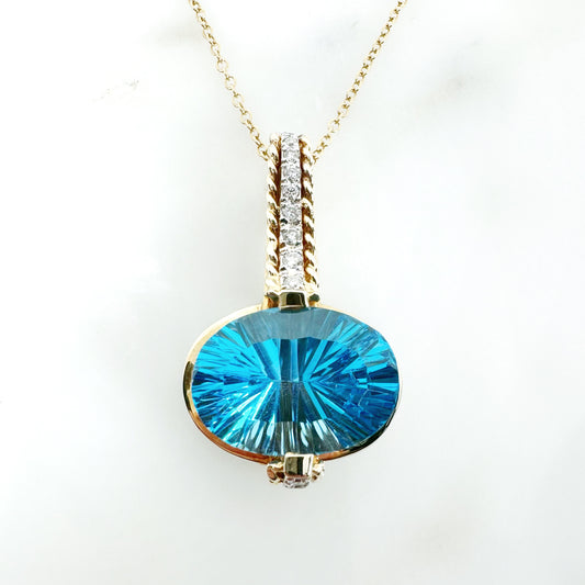 14k Yellow Gold Swiss Blue Topaz Pendant with Diamonds