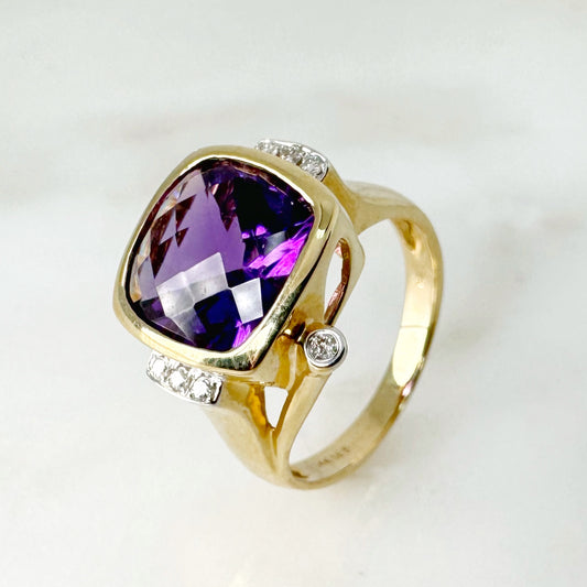 14K Yellow Gold Cushion Amethyst Ring with Diamonds