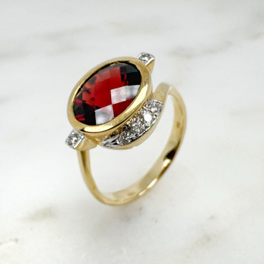 14K Yellow Gold Oval Garnet Ring with Diamonds