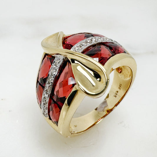 14K Yellow Gold Freeform Garnet Ring with Diamonds