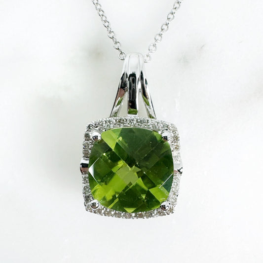 14k White Gold Peridot Pendant with Diamonds