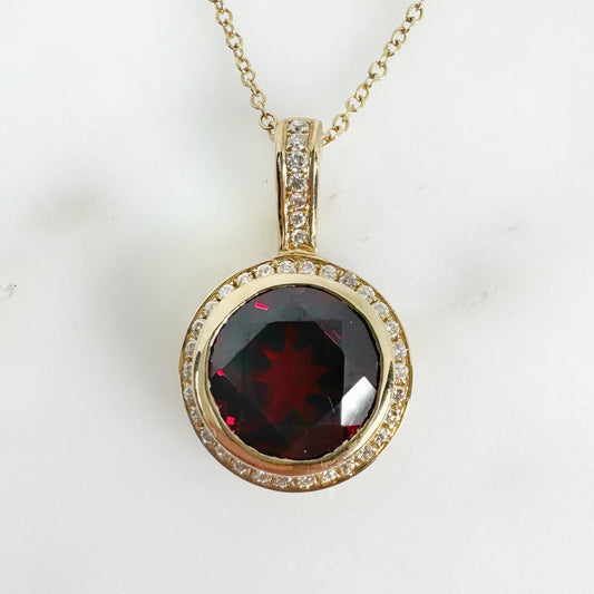 14k Yellow Gold Garnet Pendant with Diamonds