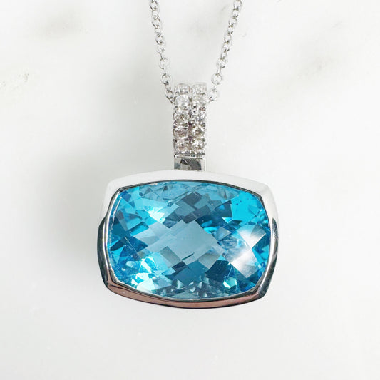 14k White Gold Swiss Blue Topaz Pendant with Diamonds