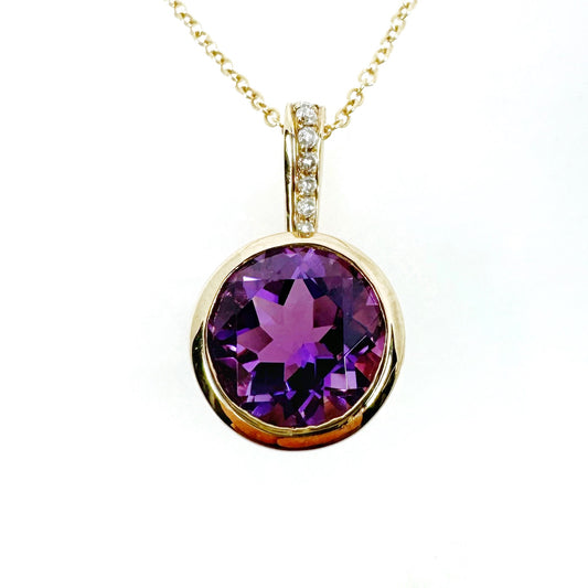 14k Yellow Gold Amethyst Pendant with Diamonds