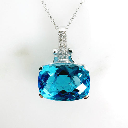 14k White Gold Swiss Blue Topaz Pendant with Diamonds