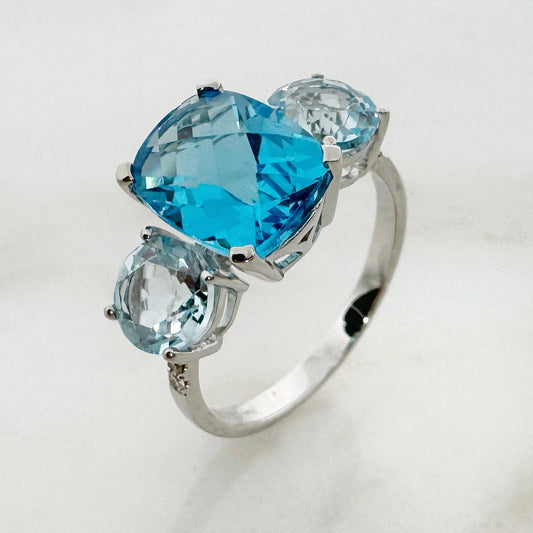 18K White Gold Cushion Blue Topaz Ring with Diamonds