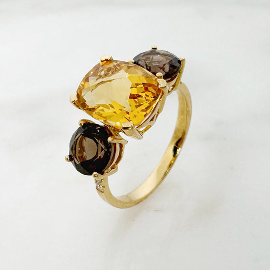 18K Yellow Gold Cushion & Round Citrine Ring with Diamonds