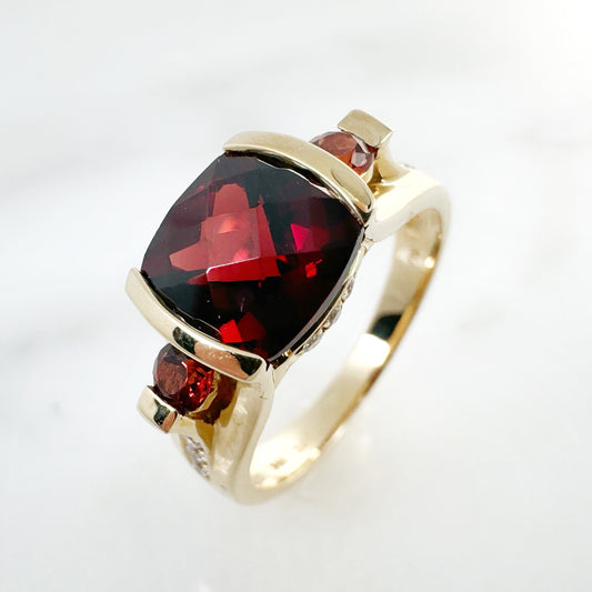 14K Yellow Gold Cushion Garnet Ring with Diamonds