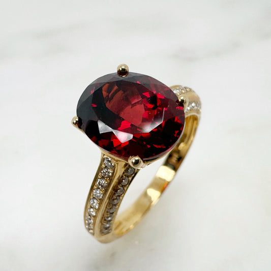 14K Yellow Gold Oval Garnet Ring with Diamonds