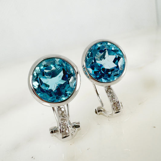 14k White Gold Swiss Blue Topaz Earring with Diamonds