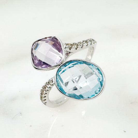 14k White Gold Sky Blue Topaz & Pink Amethyst Ring with Diamonds