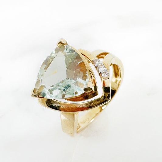 14k Yellow Gold Green Amethyst Ring with Diamonds