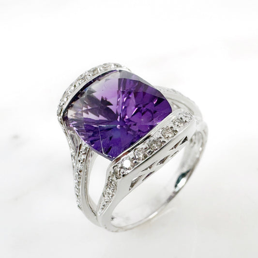 14k White Gold Amethyst Ring with Diamonds