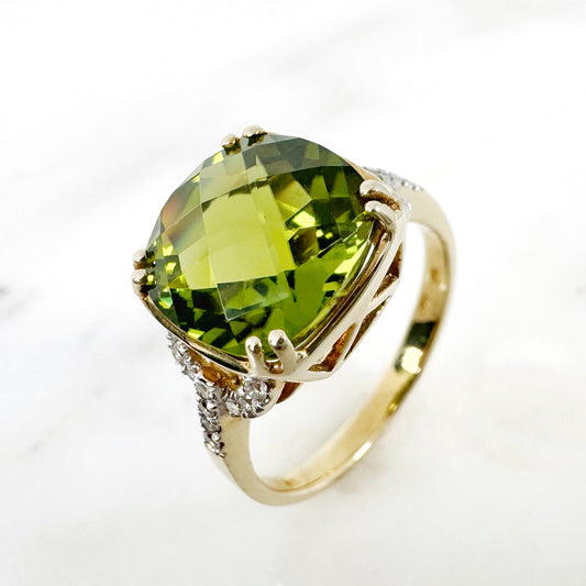 14k Yellow Gold Peridot Ring with Diamonds