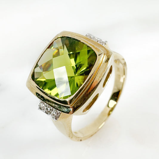 14k Yellow Gold Peridot Ring with Diamonds