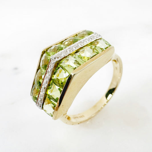 14k Yellow Gold Peridot Ring with Diamonds