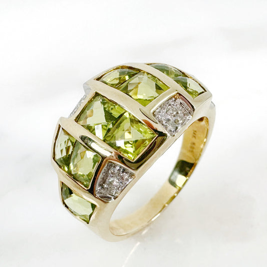 14k Yellow Gold Peridot Ring with Diamonds