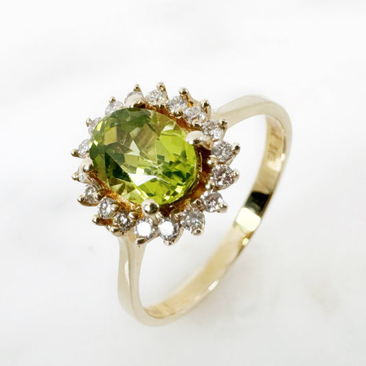 14k Yellow Gold Peridot Ring with Diamonds