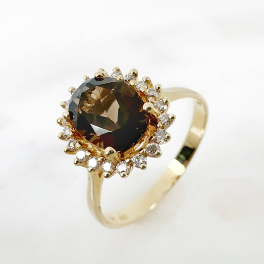 14k Yellow Gold Smokey Quartz Ring with Diamonds