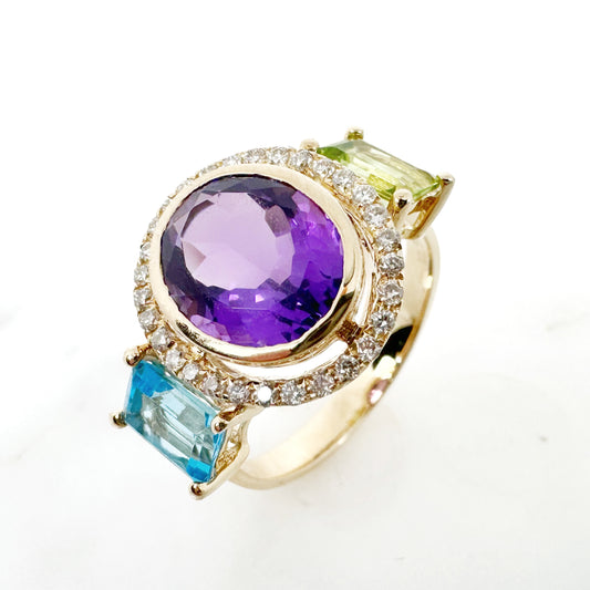 14k Yellow Gold Amethyst / Blue Topaz / Peridot Ring with Diamonds